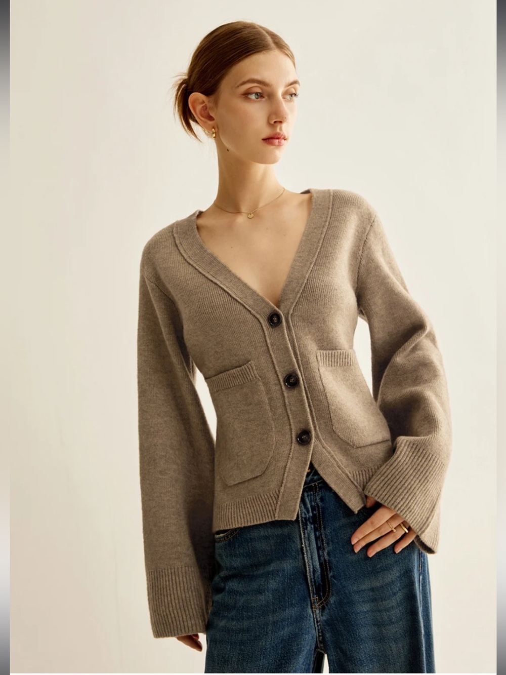 Commense Brown V-Neck Button Cardigan S | Cozy Fall Knit Sweater - Picture 4 of 7